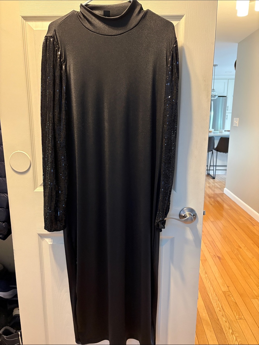 Long Sleeve Black Sequin Sleeve Midi Dress